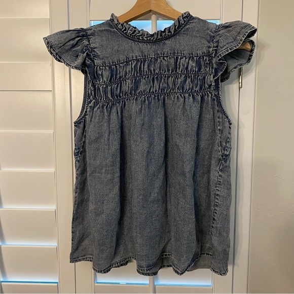 For The Republic Women’s Medium Ruffled Denim Top, flutter sleeves - Picture 1 of 6